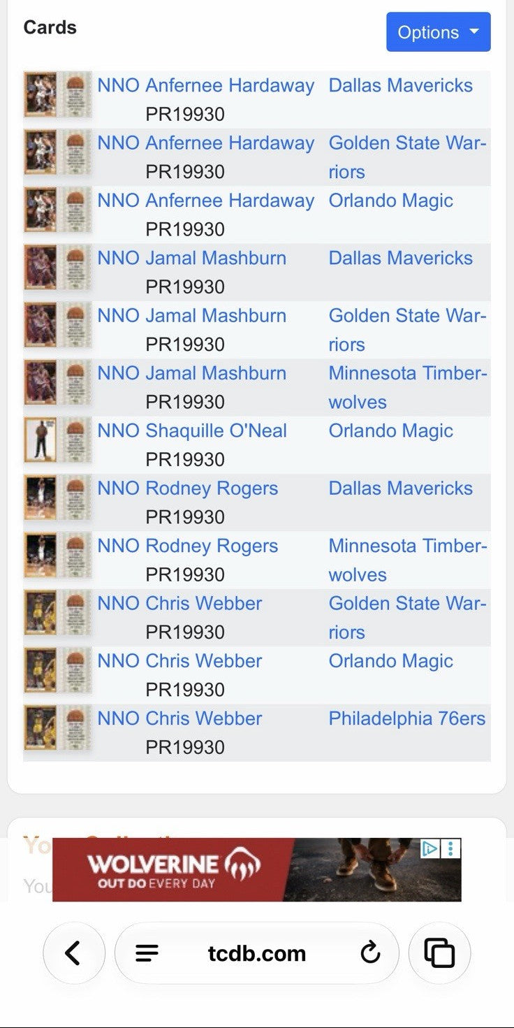 Trading Card Database checklist showing all 12 player and team variations in the 1993 Classic Draft Picks Draft Day Woodgrain basketball set