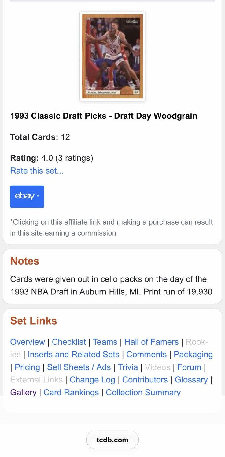Trading Card Database overview of the 1993 Classic Draft Day Woodgrain 12-card basketball set, noting its NBA Draft distribution and print run of 19,930