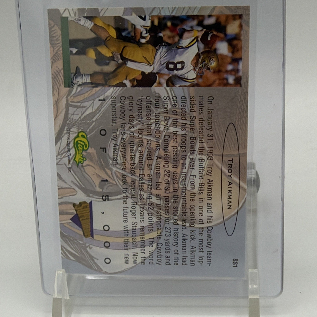 Additional reverse view of Troy Aikman Classic Superheroes collectible card