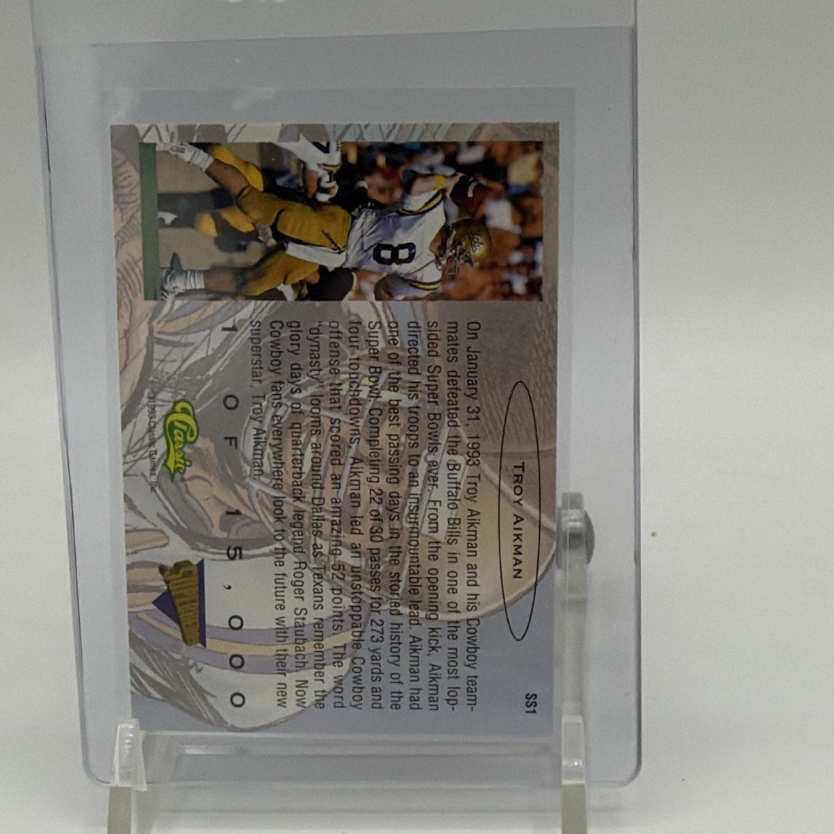 Reverse of 1993 Classic Troy Aikman Superheroes football card