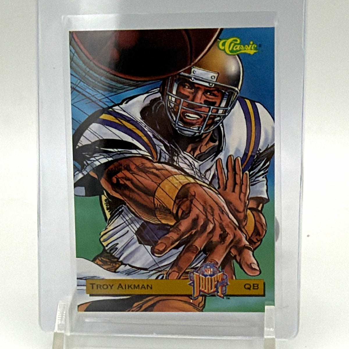 Front of 1993 Classic Troy Aikman Superheroes Dallas Cowboys illustrated football card
