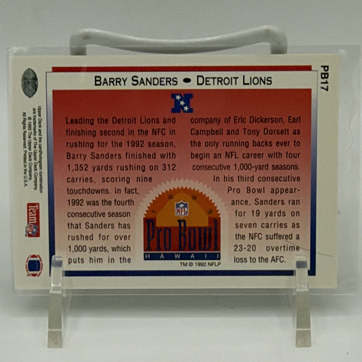 Reverse of 1993 Upper Deck Barry Sanders #PB17 with player information and Pro Bowl design