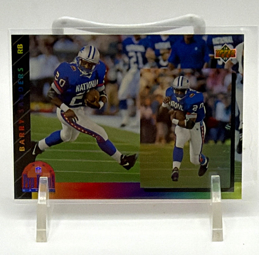 Front of 1993 Upper Deck Barry Sanders #PB17 Pro Bowl football card, featuring Sanders carrying the football