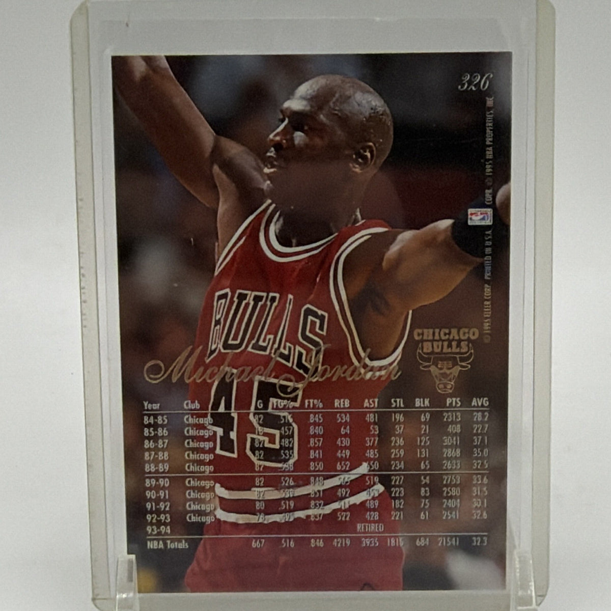 Reverse of Michael Jordan #326 Fleer Flair basketball card showing Bulls uniform and player statistics