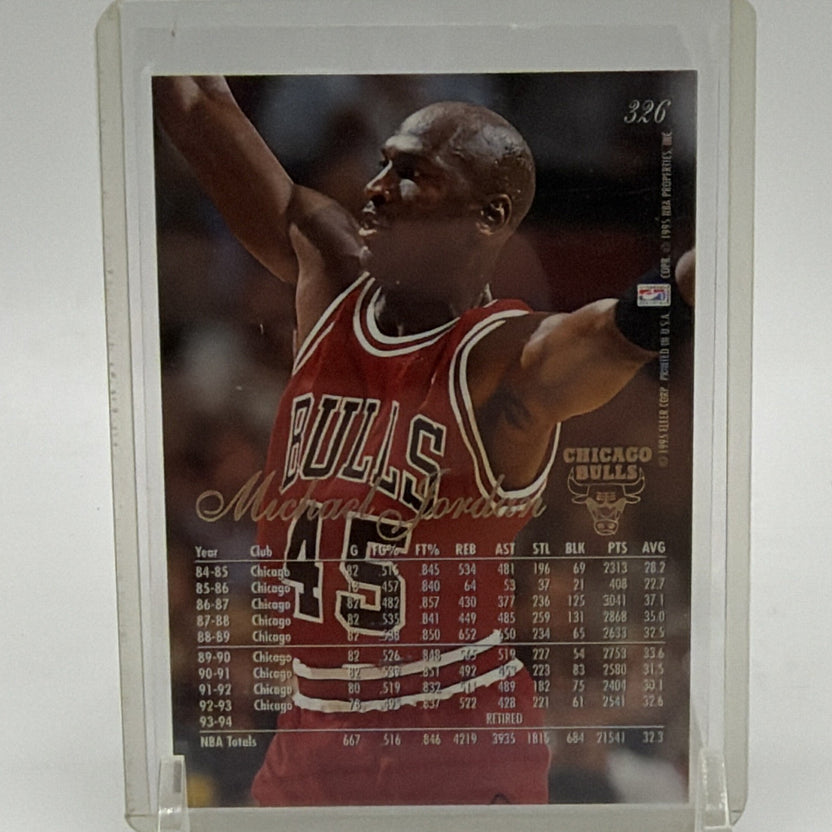 Reverse of Michael Jordan #326 Fleer Flair basketball card showing Bulls uniform and player statistics