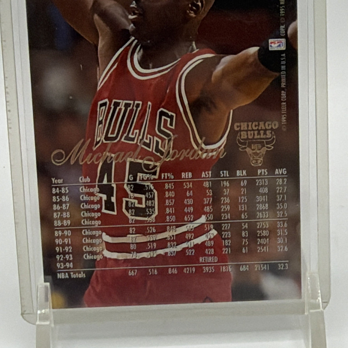 Close-up of the reverse of Michael Jordan Fleer Flair #326 basketball card