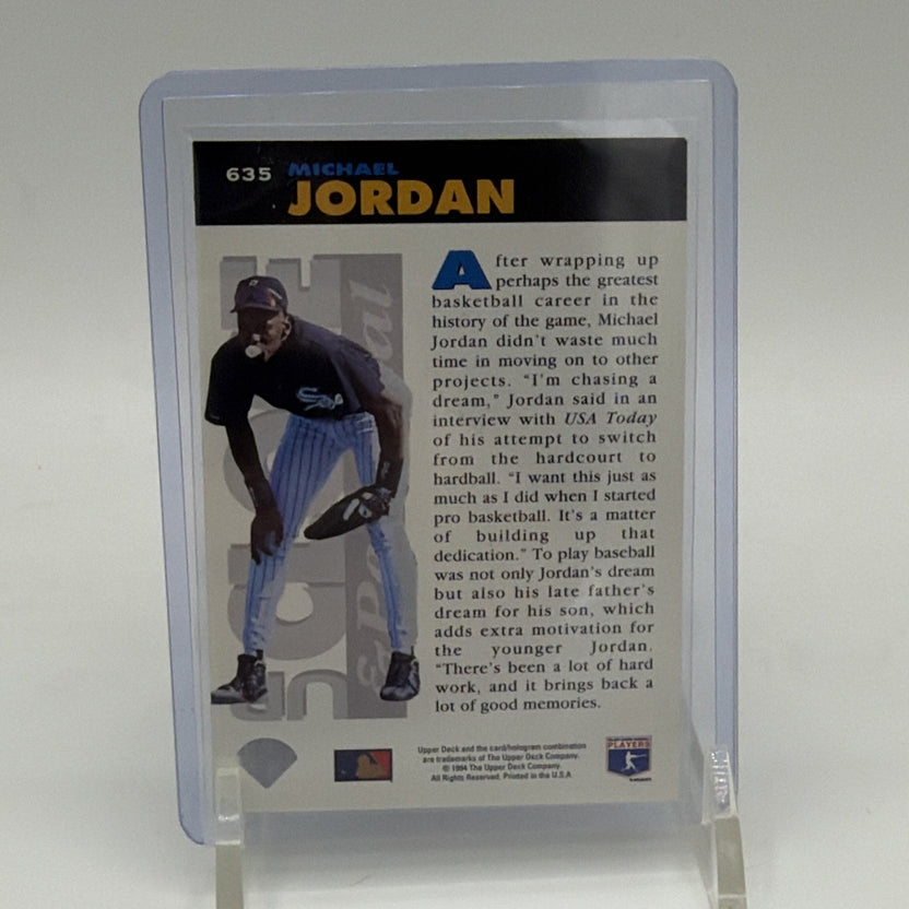 Reverse of 1994 Upper Deck Collector's Choice Michael Jordan #635 featuring baseball photograph and player biography