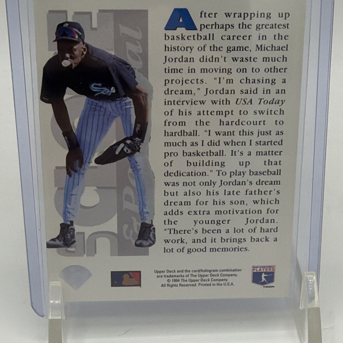 Detail of player biography text on the reverse of 1994 Collector's Choice Michael Jordan Up Close & Personal card