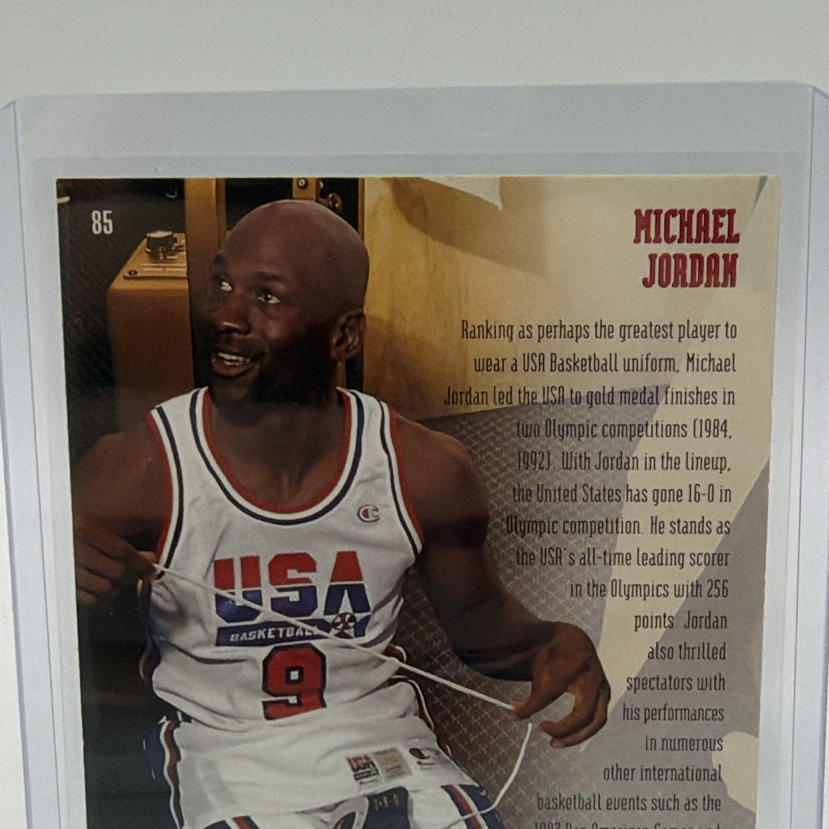 Close-up of biographical text and Michael Jordan's name on the reverse of his 1994 USA Basketball card