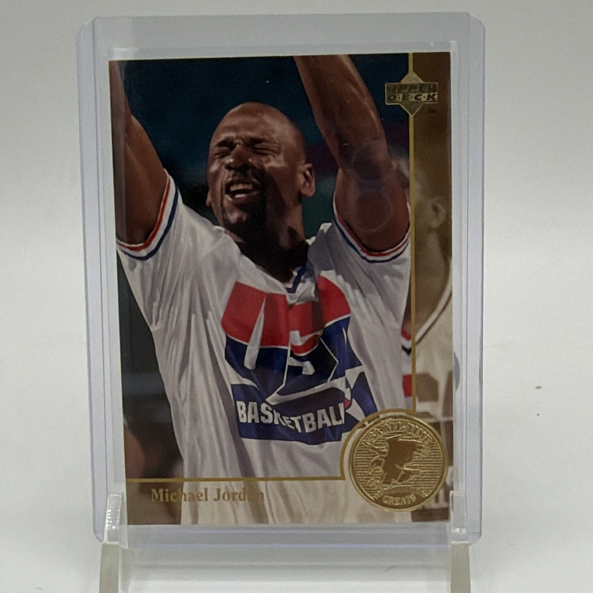Alternate front photograph of Michael Jordan USA All-Time Greats #85 with gold-foil medallion