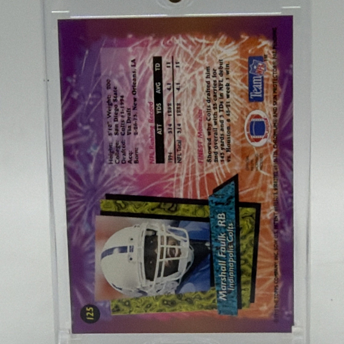 Reverse of 1995 Topps Finest Marshall Faulk #125 showing player information and statistics
