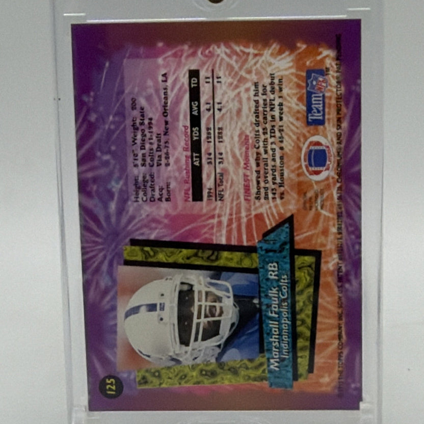 Reverse of 1995 Topps Finest Marshall Faulk #125 showing player information and statistics