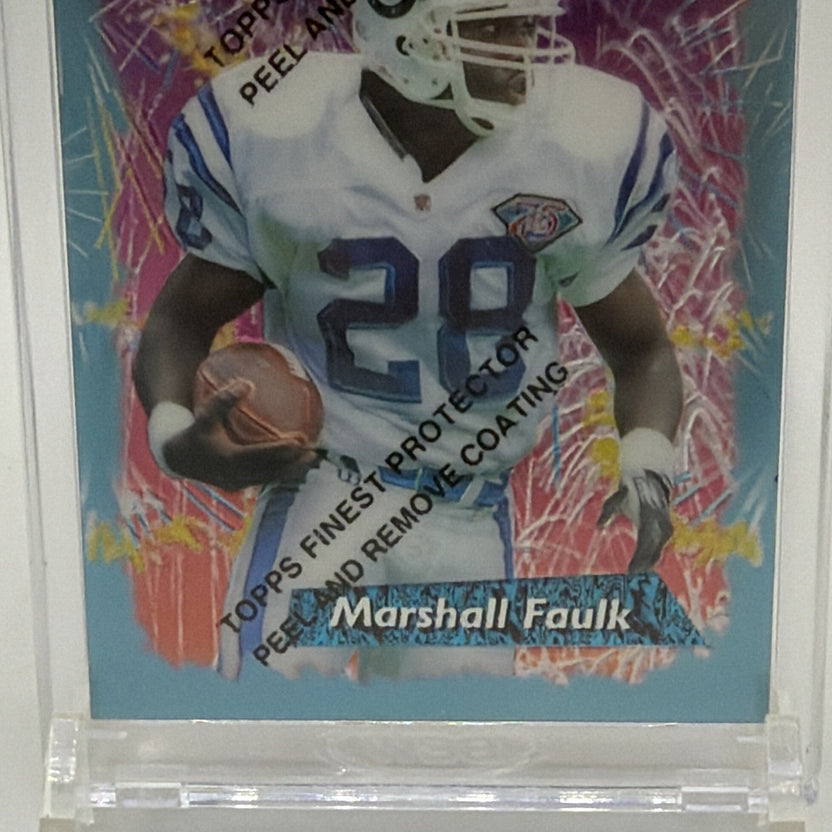 Detail of Marshall Faulk nameplate and Indianapolis Colts designation on 1995 Finest card