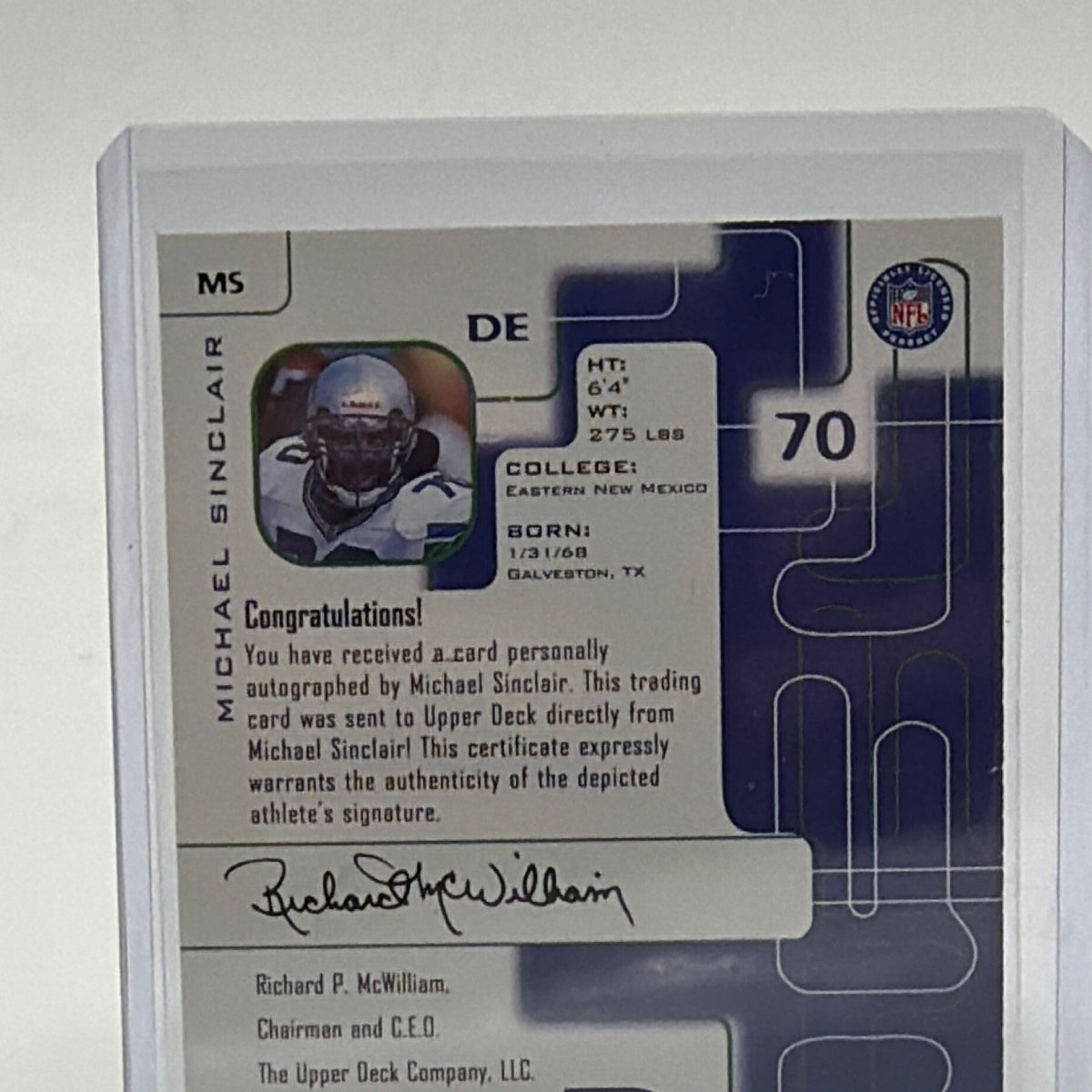 Back of 1999 SP Signature Edition Michael Sinclair autograph #MS