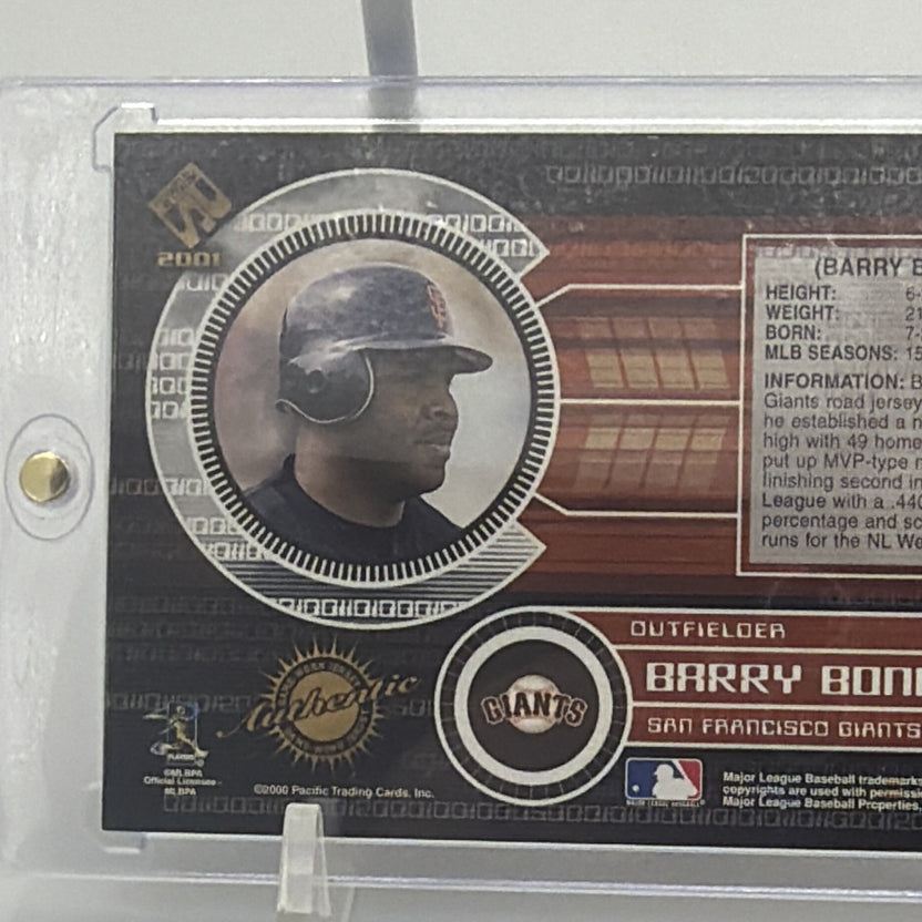 Back of 2001 Pacific Private Stock Barry Bonds jersey relic card