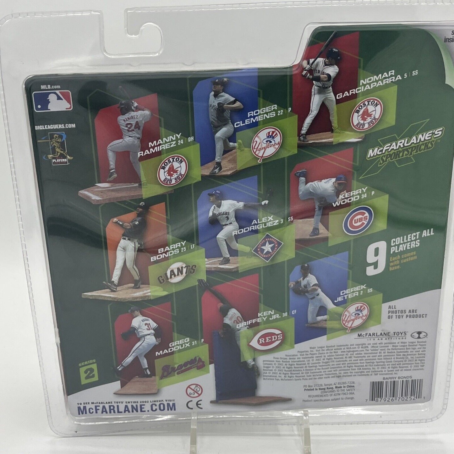 Back of the unopened packaging for a 2002 McFarlane Sportspicks Barry Bonds collectible figure.