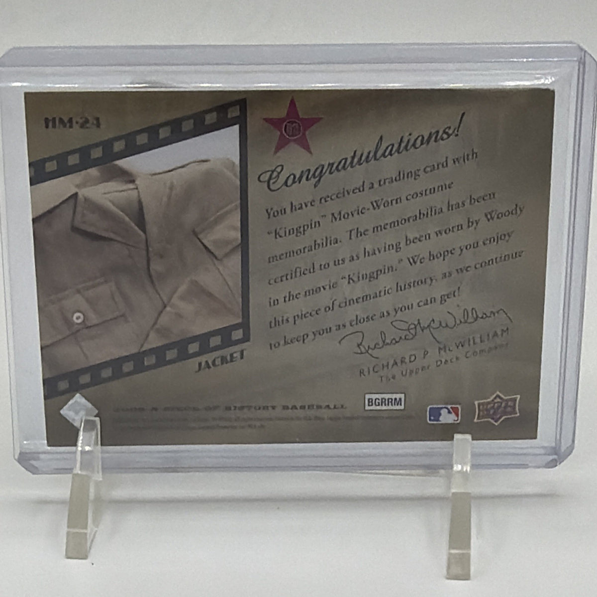 Back of Upper Deck A Piece of Hollywood Kingpin jacket memorabilia card #HM-24