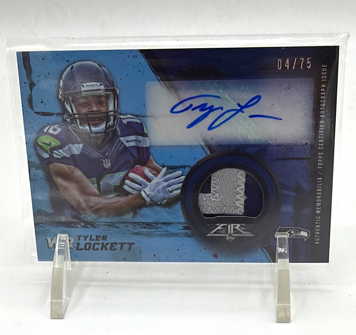 Front of 2015 Topps Fire Tyler Lockett Rookie Autographed Patch Blue #FRAP-TL numbered 04/75