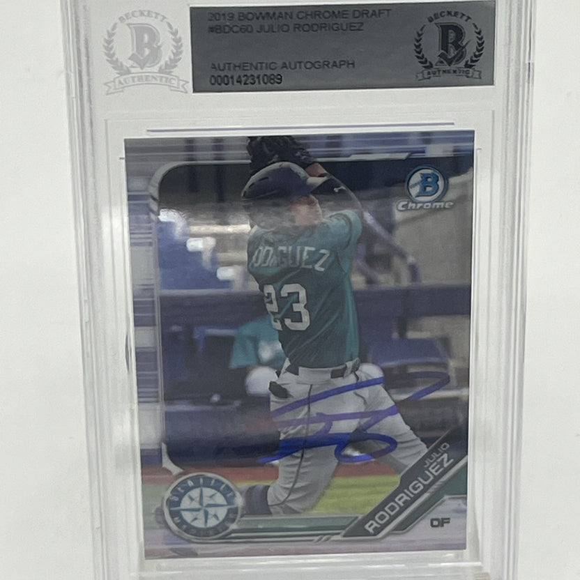 2019 Bowman Chrome Draft Julio Rodriguez RC Autographed Authenticated Beckett 2019 Bowman Chrome Draft Julio Rodriguez RC, Julio Rodriguez rookie auto Beckett, Julio Rodriguez Bowman Chrome autograph, Beckett authenticated Julio Rodriguez card, Mariners rookie card, Julio Rodriguez BAS autograph, Bowman Draft Chrome RC auto, Seattle Mariners prospect card, Julio Rodriguez 1st Bowman autograph, MLB rookie trading card Beckett