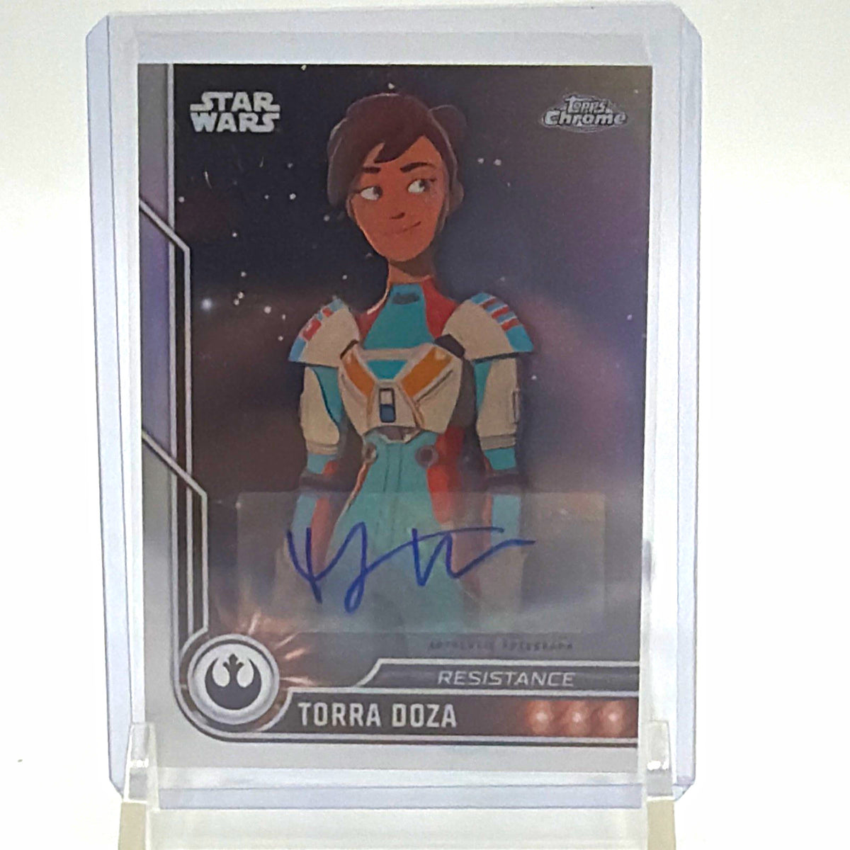 Front of 2019 Topps Star Wars Resistance Torra Doza #41 autographed by Myrna Velasco