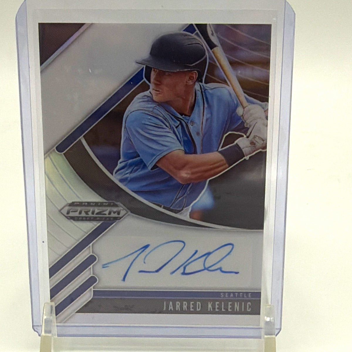 Front of 2020 Panini Prizm Draft Picks Jarred Kelenic Silver Prizm autograph #4 baseball card