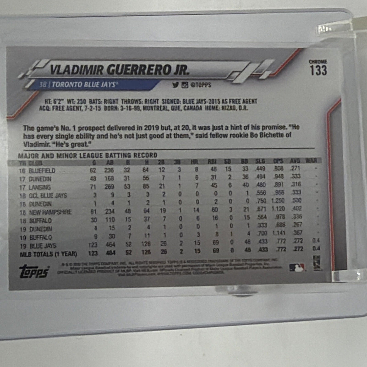 Back of 2020 Topps Chrome Vladimir Guerrero Jr. #133 baseball card showing player information and statistics