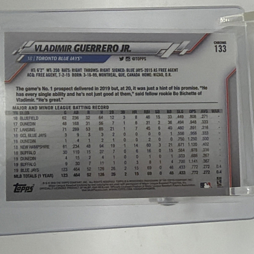 Back of 2020 Topps Chrome Vladimir Guerrero Jr. #133 baseball card showing player information and statistics