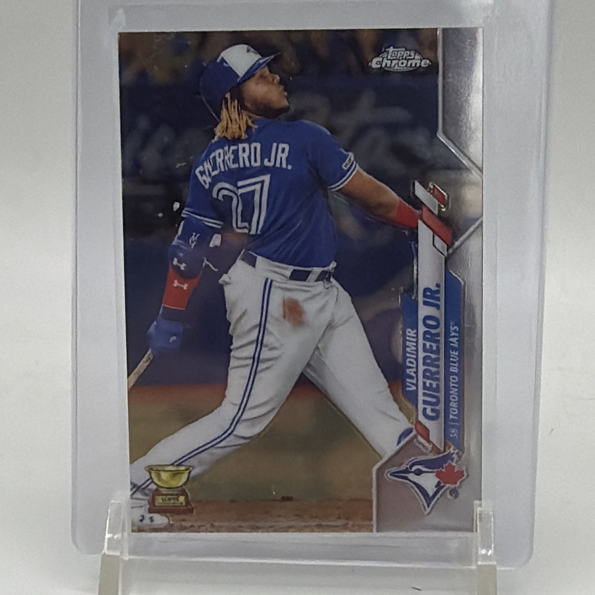 Front of 2020 Topps Chrome Vladimir Guerrero Jr. #133 Rookie Cup baseball card in Toronto Blue Jays uniform