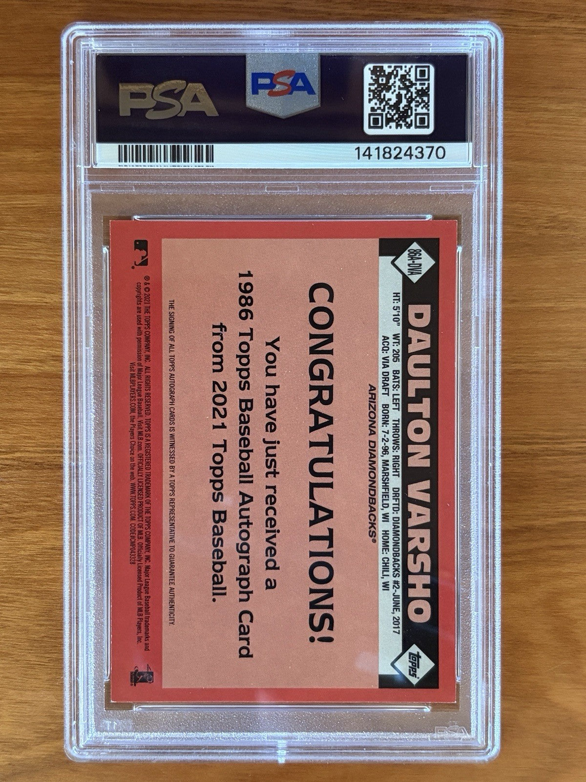 Back of 2021 Topps 1986 Topps Baseball Autographs Daulton Varsho rookie autograph card graded PSA 7 with PSA Auto 9 signature. 2021 Topps - 1986 Topps Baseball Autographs Daulton Varsho RC PSA Graded Auto 9