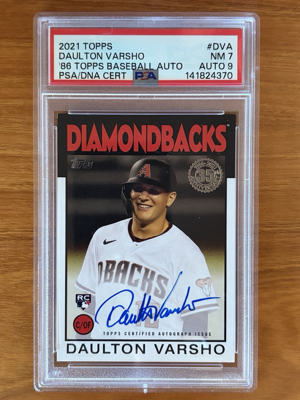 2021 Topps 1986 Topps Baseball Autographs Daulton Varsho rookie autograph card graded PSA 7 with PSA Auto 9 signature. 2021 Topps - 1986 Topps Baseball Autographs Daulton Varsho RC PSA Graded Auto 9