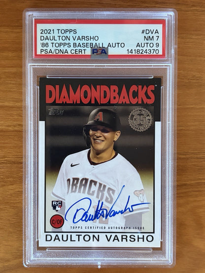 2021 Topps 1986 Topps Baseball Autographs Daulton Varsho rookie autograph card graded PSA 7 with PSA Auto 9 signature. 2021 Topps - 1986 Topps Baseball Autographs Daulton Varsho RC PSA Graded Auto 9