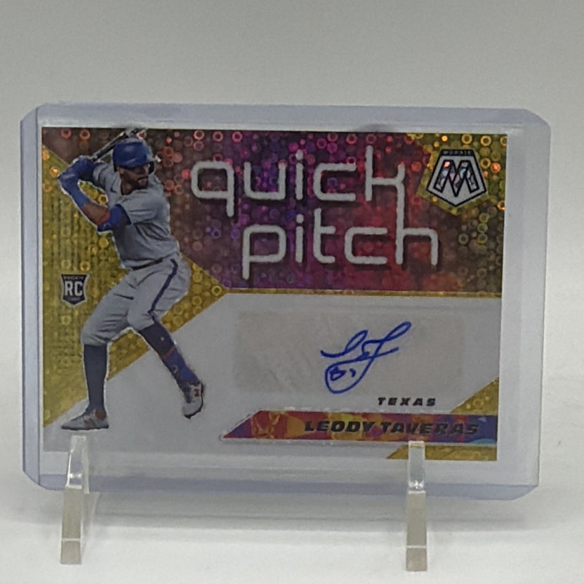 Front of 2021 Panini Mosaic Leody Taveras rookie Quick Pitch Gold autograph card numbered 03/10