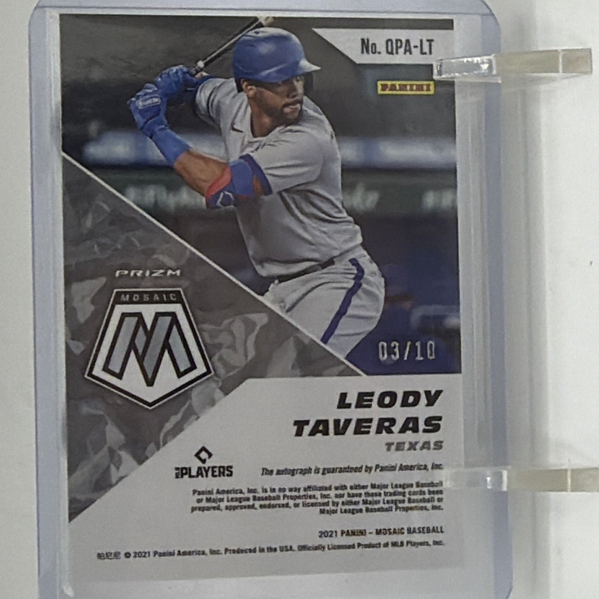 Back of 2021 Panini Mosaic Leody Taveras Quick Pitch Autographs card