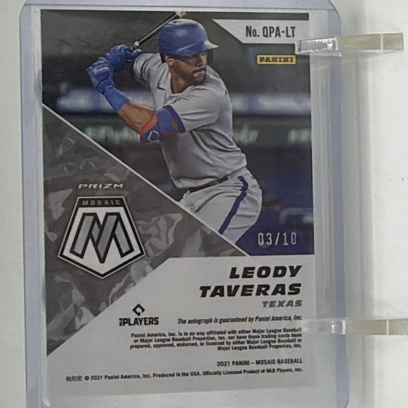 Back of 2021 Panini Mosaic Leody Taveras Quick Pitch Autographs card