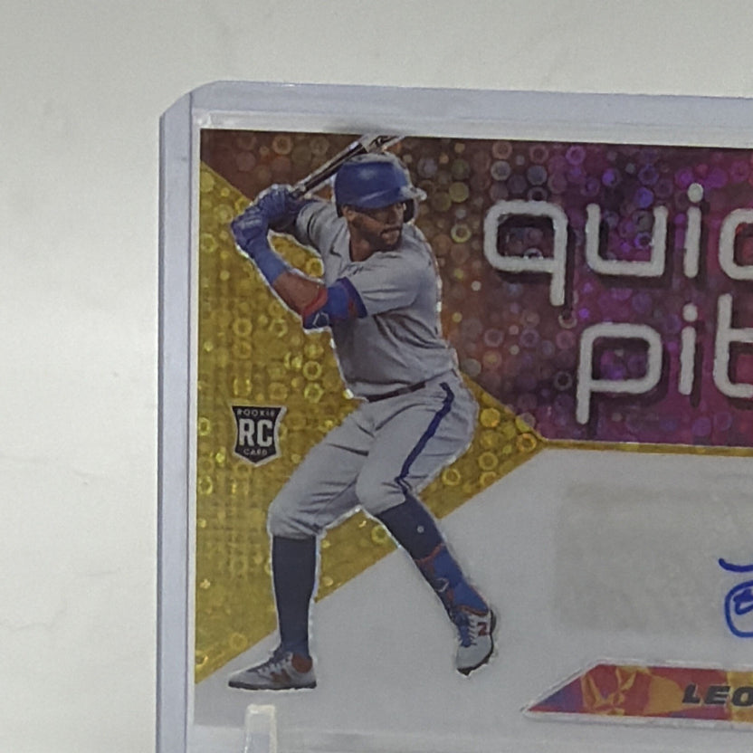 Angled front view of Leody Taveras Quick Pitch Gold Mosaic rookie autograph card