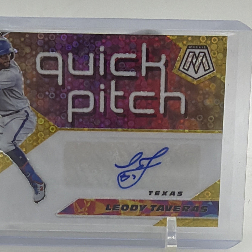 Close-up of blue-ink Leody Taveras autograph and Gold Quick Pitch Mosaic card design
