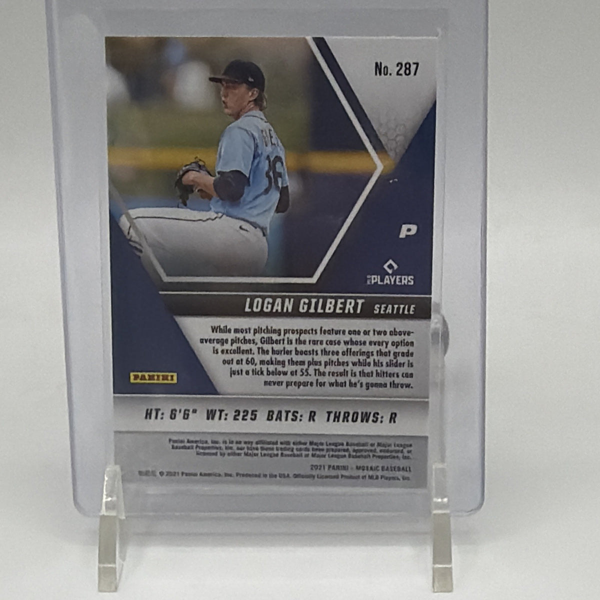 Reverse of 2021 Panini Mosaic Logan Gilbert #287 rookie card showing player information