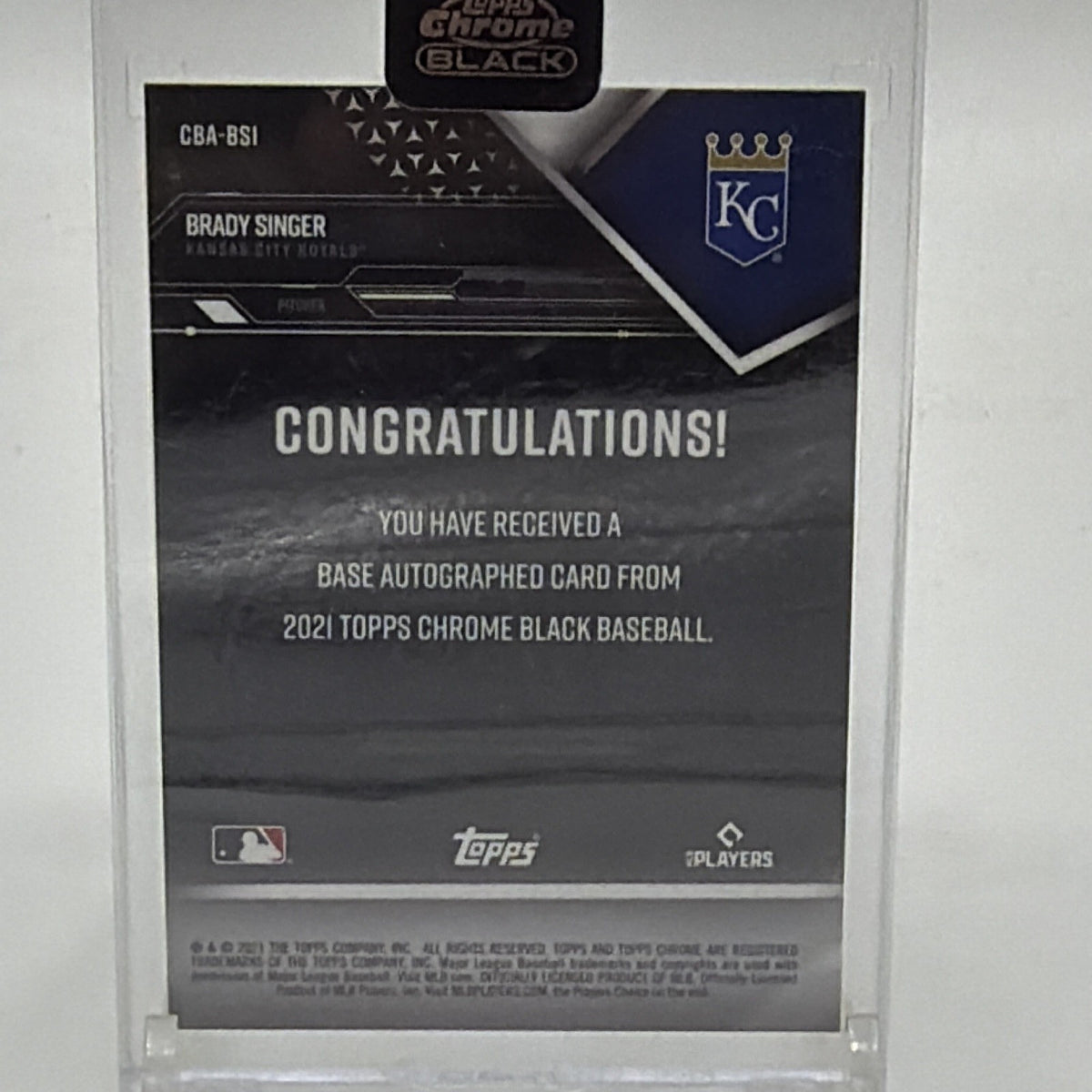 Back of Brady Singer Chrome Black rookie autograph Refractor #CBA-BSI numbered 049/150