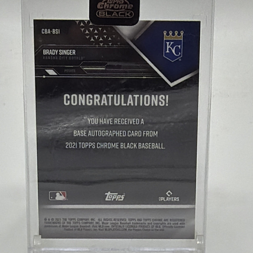 Back of Brady Singer Chrome Black rookie autograph Refractor #CBA-BSI numbered 049/150