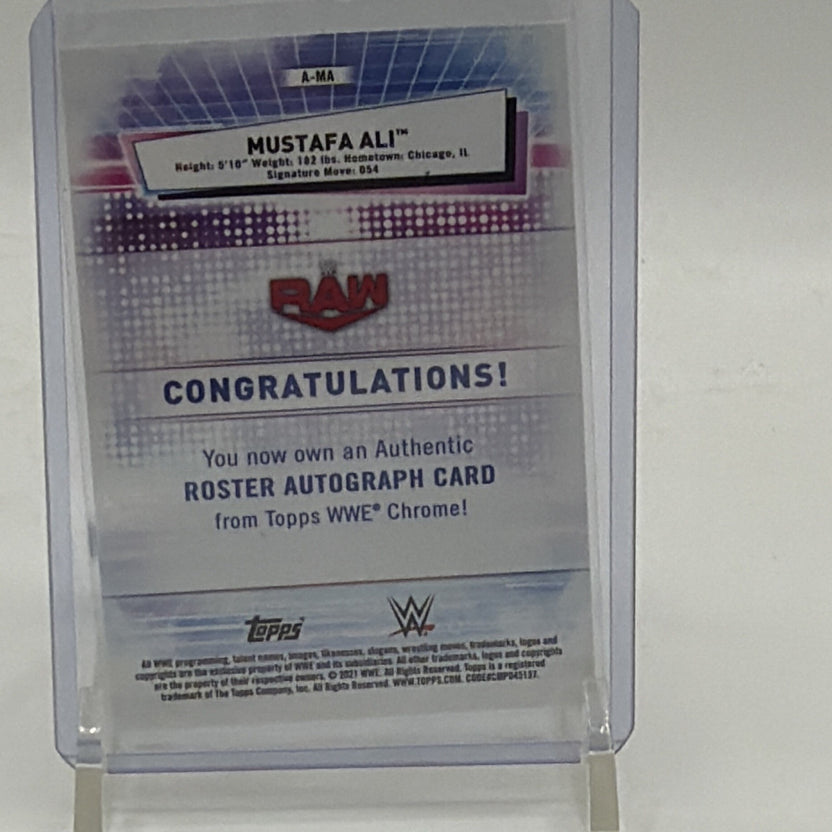 Back of 2021 Topps Chrome WWE Mustafa Ali Orange Refractor autograph #A-MA showing serial number 18/25