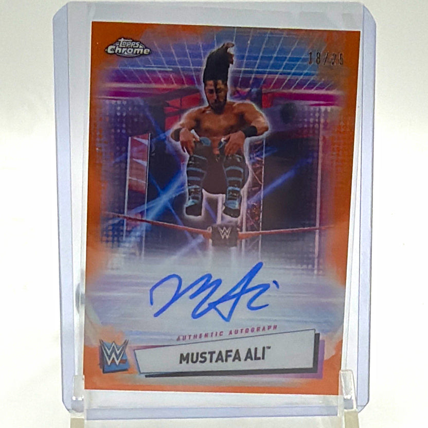 Front of 2021 Topps Chrome WWE Mustafa Ali #A-MA Orange Refractor autograph numbered 18/25
