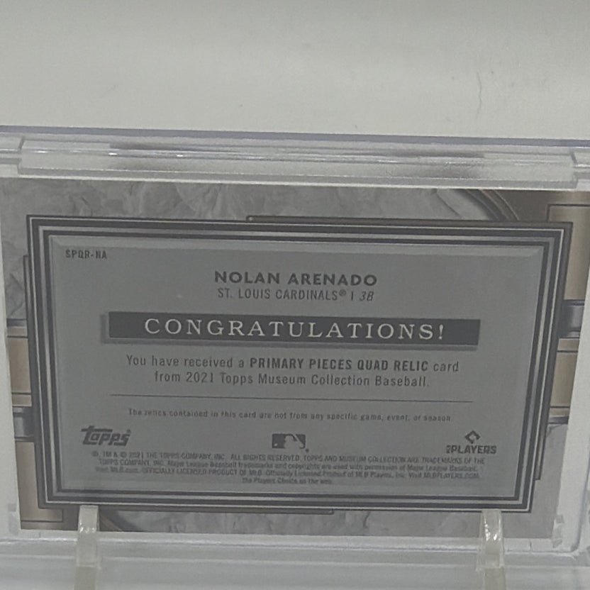 Back of 2021 Topps Museum Collection Nolan Arenado Primary Pieces Quad Relic card SPQR-NA