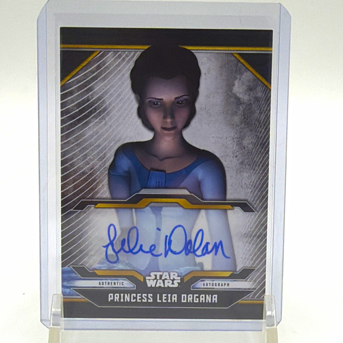 Front of 2021 Topps Star Wars Bounty Hunters Julie Dolan Princess Leia Organa autograph #A-JD