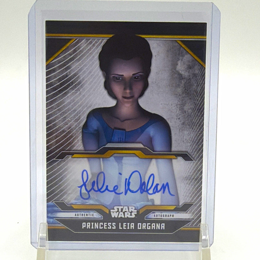 Front of 2021 Topps Star Wars Bounty Hunters Julie Dolan Princess Leia Organa autograph #A-JD
