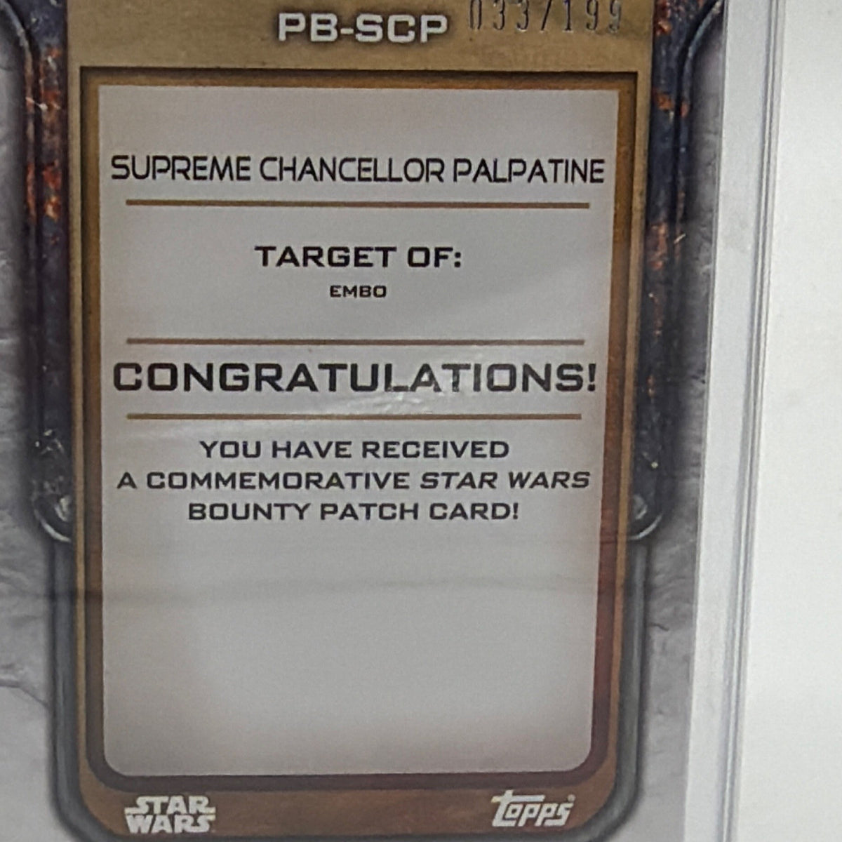 Back of 2021 Topps Star Wars Bounty Hunters Supreme Chancellor Palpatine #PB-SCP