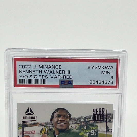 Close-up of the PSA Mint 9 certification label on a 2022 Panini Luminance Kenneth Walker III Year One Signatures rookie autograph card.