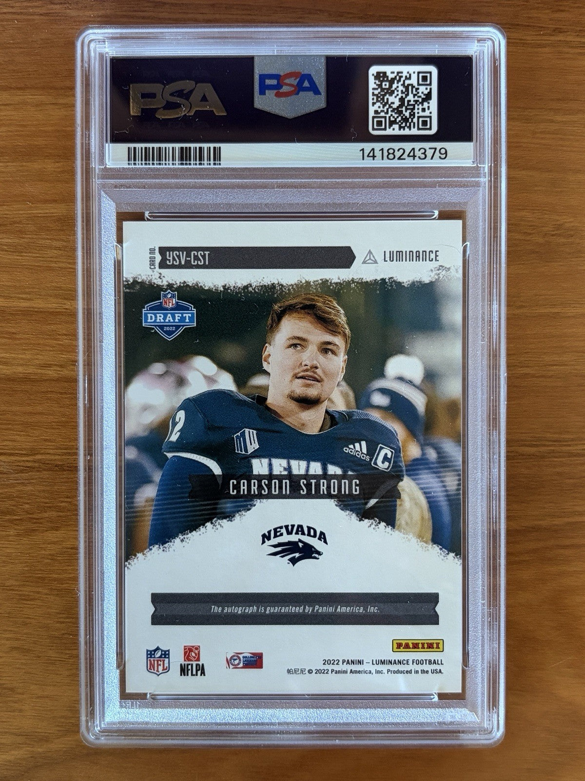 Back of 2022 Panini Luminance Year One Signatures RPS Variation Carson Strong rookie autograph card graded PSA Gem Mint 10 with PSA Auto 9 signature. 2022 Panini Luminance - Year One Signatures Rps Carson Strong PSA 10 Variation