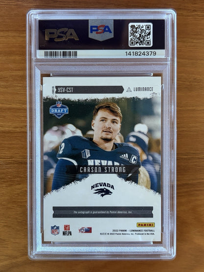 Back of 2022 Panini Luminance Year One Signatures RPS Variation Carson Strong rookie autograph card graded PSA Gem Mint 10 with PSA Auto 9 signature. 2022 Panini Luminance - Year One Signatures Rps Carson Strong PSA 10 Variation
