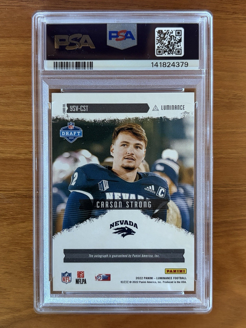 Back of 2022 Panini Luminance Year One Signatures RPS Variation Carson Strong rookie autograph card graded PSA Gem Mint 10 with PSA Auto 9 signature. 2022 Panini Luminance - Year One Signatures Rps Carson Strong PSA 10 Variation