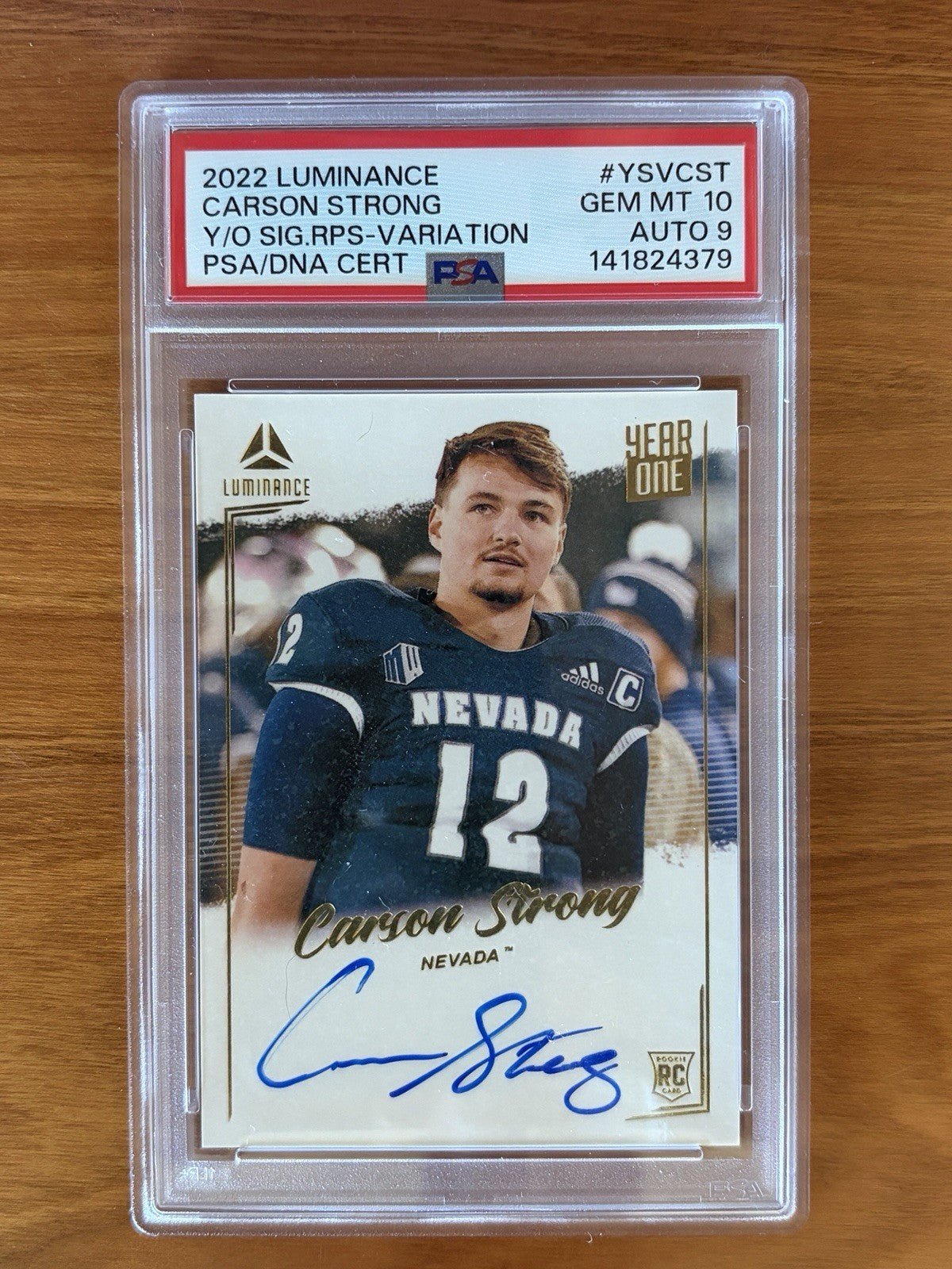 2022 Panini Luminance Year One Signatures RPS Variation Carson Strong rookie autograph card graded PSA Gem Mint 10 with PSA Auto 9 signature. 2022 Panini Luminance - Year One Signatures Rps Carson Strong PSA 10 Variation